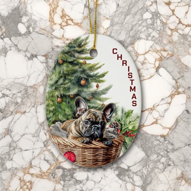 French Bulldog Wicker Basket Christmas Ceramic Ornament (Creator Uploaded)