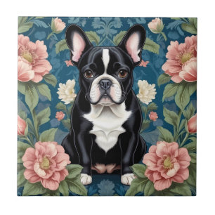 French Bulldog William Morris Inspired Floral Ceramic Tile