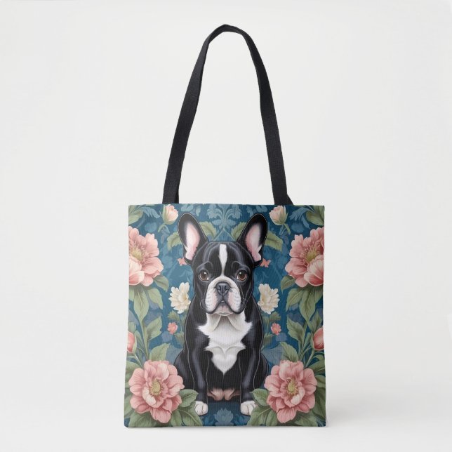 French Bulldog William Morris Inspired Floral Tote Bag (Front)