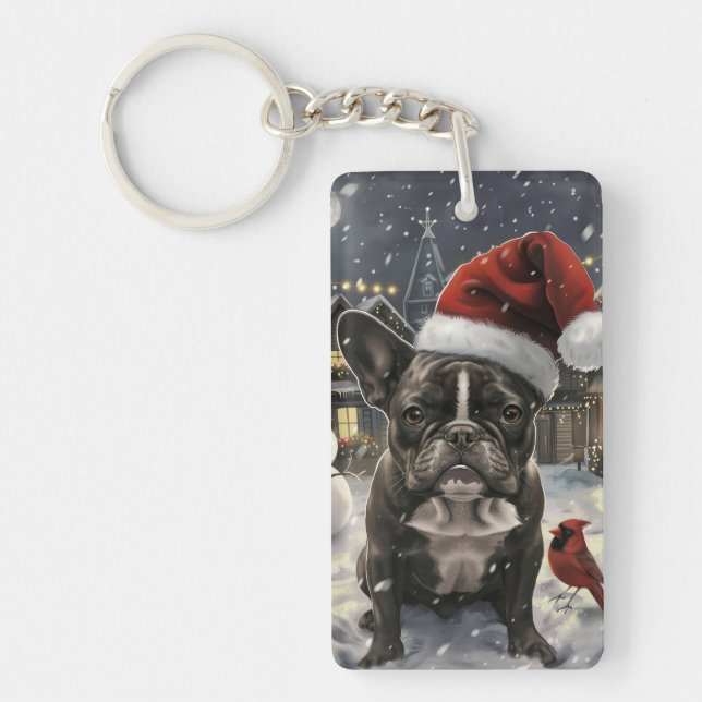 French Bulldog Winter Wonderland Christmas Joy Key Ring (Front)