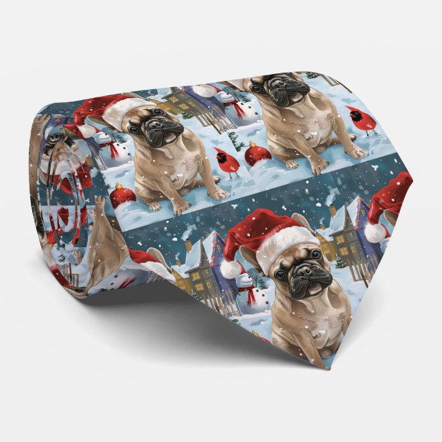 French Bulldog Winter Wonderland Christmas Joy Tie (Rolled)