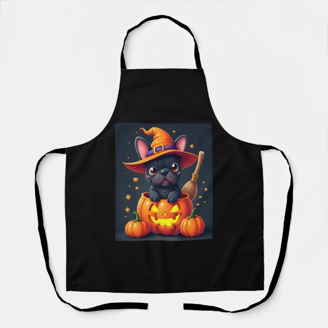 French Bulldog Witch Pumpkin Halloween Mens Womens Apron (Front)