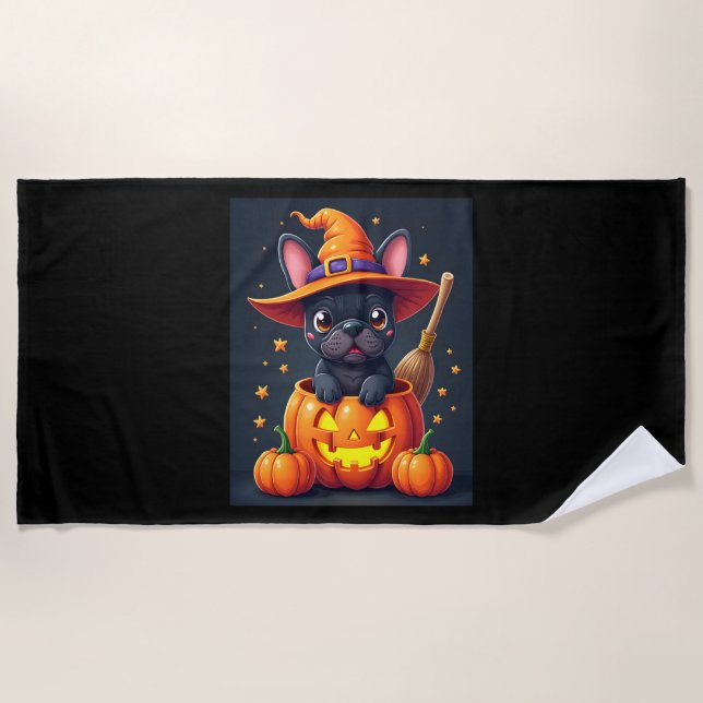 French Bulldog Witch Pumpkin Halloween Mens Womens Beach Towel (Front)