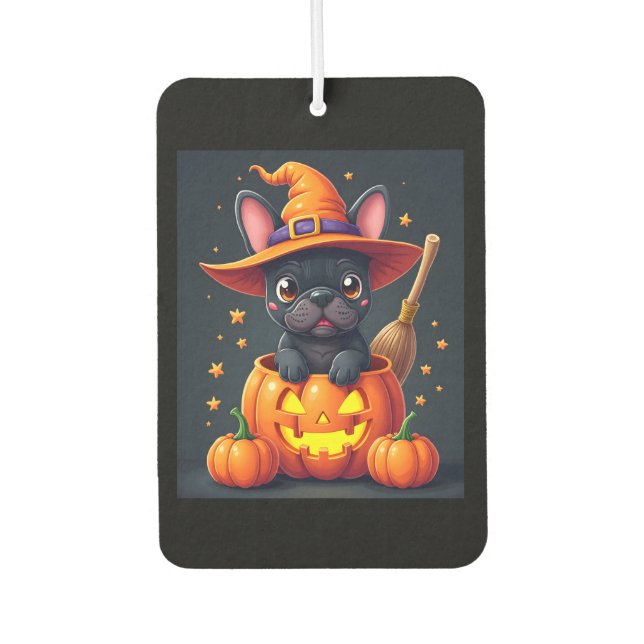 French Bulldog Witch Pumpkin Halloween Mens Womens Car Air Freshener (Front)