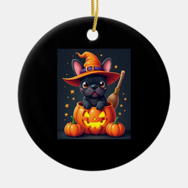 French Bulldog Witch Pumpkin Halloween Mens Womens Ceramic Ornament (Front)