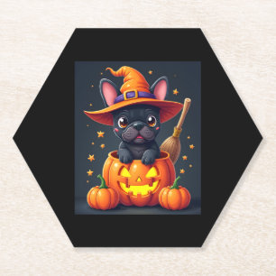 French Bulldog Witch Pumpkin Halloween Mens Womens Paper Coaster