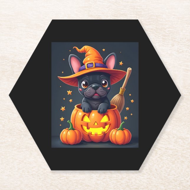 French Bulldog Witch Pumpkin Halloween Mens Womens Paper Coaster (Front)