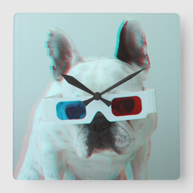 French Bulldog With 3D Glasses Square Wall Clock (Front)
