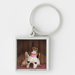French Bulldog With Birthday Cupcake Key Ring