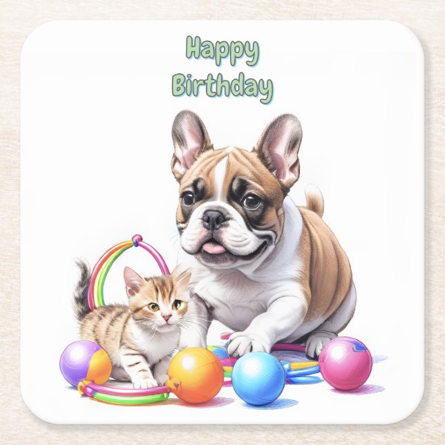 French Bulldog with cat Square Paper Coaster (Front)