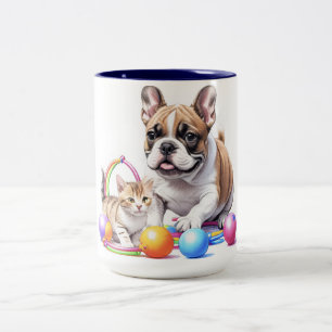 French Bulldog with cat Two-Tone Coffee Mug