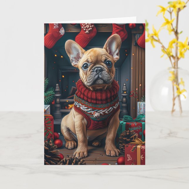 French Bulldog With Christmas Gifts Fireplace Card (Yellow Flower)