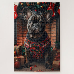 French Bulldog With Christmas Gifts Fireplace Jigsaw Puzzle