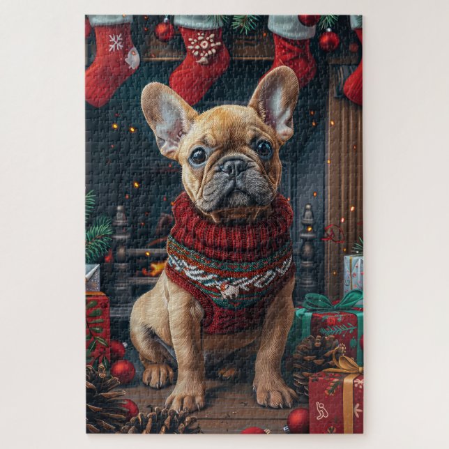 French Bulldog With Christmas Gifts Fireplace Jigsaw Puzzle (Vertical)