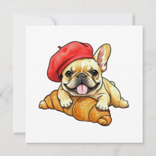 French bulldog with croissant beret Funny Frenchie Card
