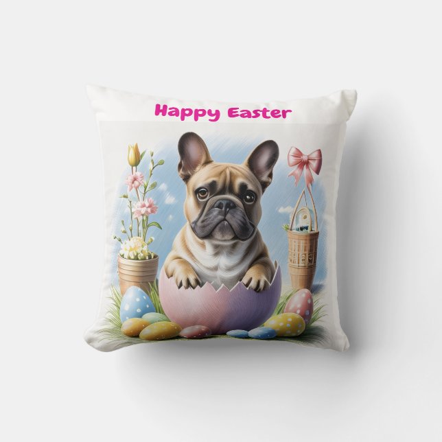 French Bulldog with Easter egg Happy Easter Cushion (Front)