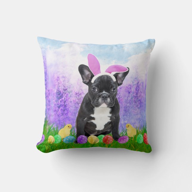 French Bulldog with Easter Eggs Bunny Chicks Cushion (Front)
