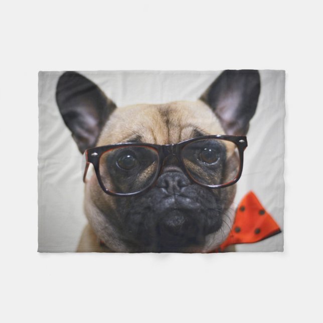 French Bulldog With Glasses And Bow Tie Fleece Blanket (Front (Horizontal))