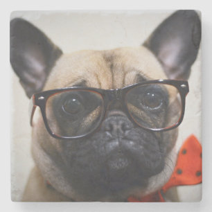 French Bulldog With Glasses And Bow Tie Stone Coaster