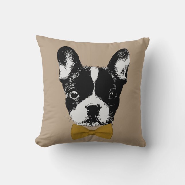 French Bulldog with Gold Bow Tie Beige Cushion (Front)