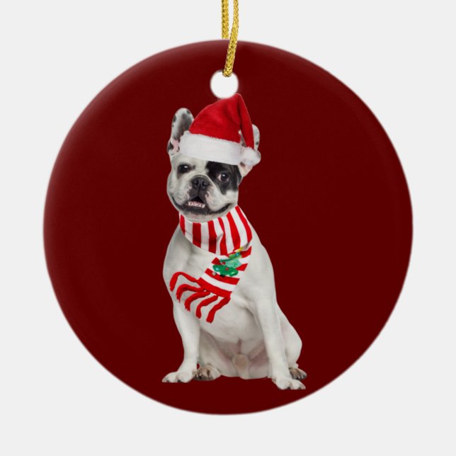 French Bulldog With Hat Scaft Christmas Ceramic Ornament (Front)