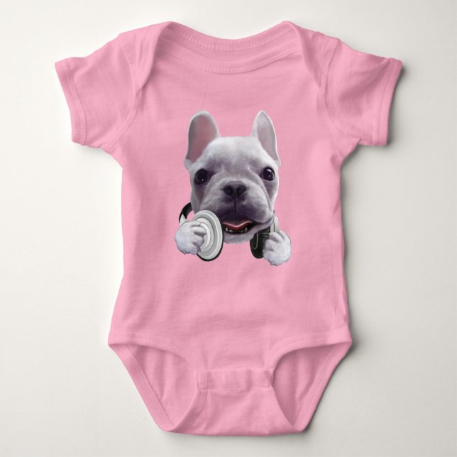 French Bulldog with Headphones Illustration Baby Bodysuit (Front)
