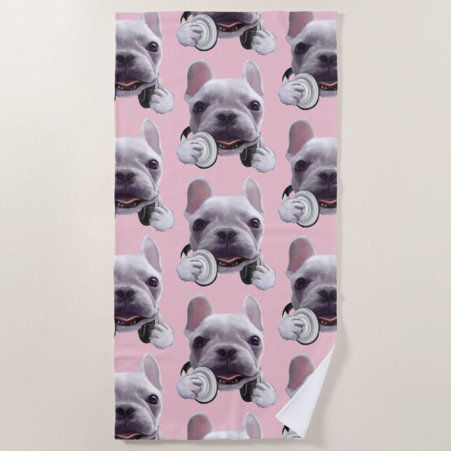 French Bulldog with Headphones Illustration Beach Towel (Front)