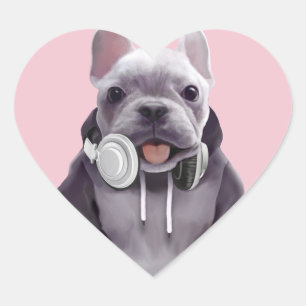 French Bulldog with Headphones Illustration Heart Sticker