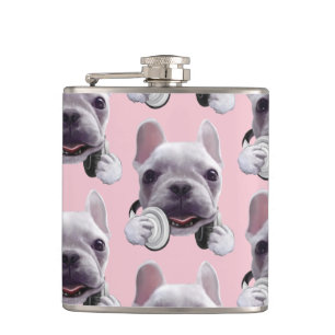 French Bulldog with Headphones Illustration Hip Flask
