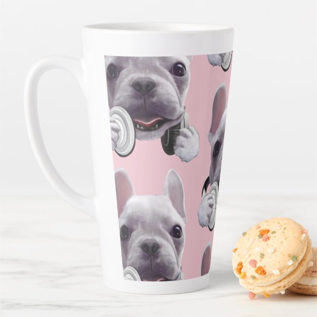 French Bulldog with Headphones Illustration Latte Mug (In Situ)