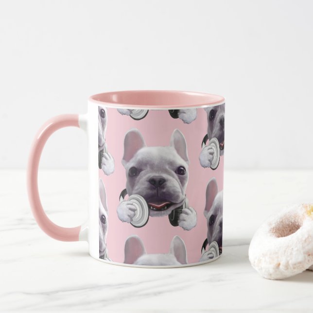 French Bulldog with Headphones Illustration Mug (With Donut)