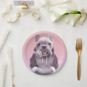 French Bulldog with Headphones Illustration Paper Plate