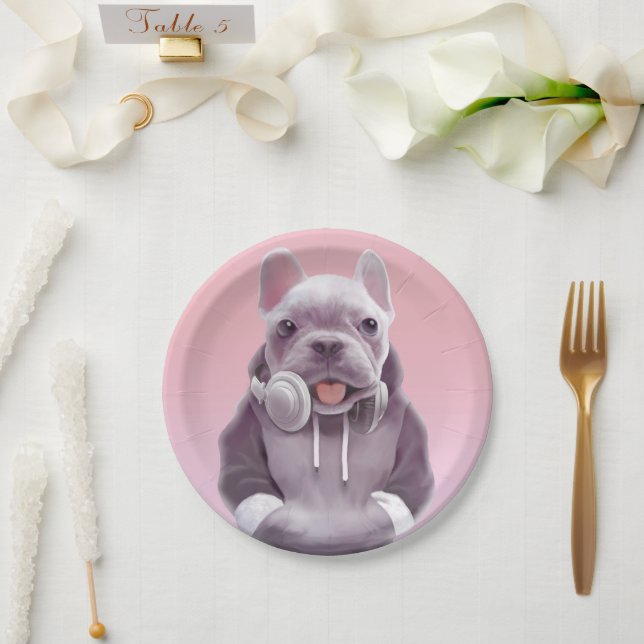 French Bulldog with Headphones Illustration Paper Plate (Wedding)