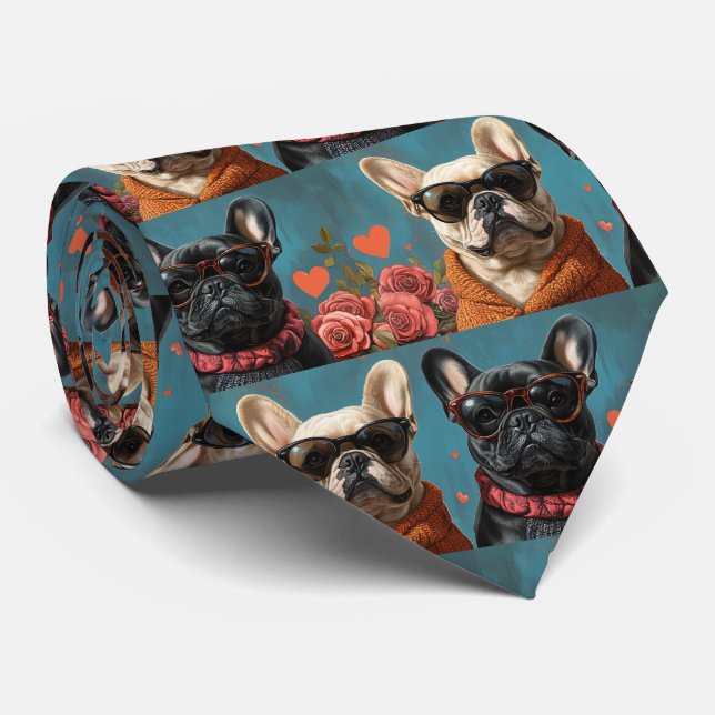French Bulldog With Heart Roses Valentine's Day Tie (Rolled)