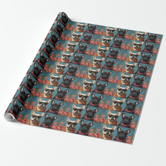 French Bulldog With Heart Roses Valentine's Day Wrapping Paper (Unrolled)