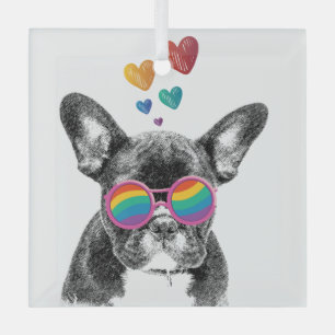 French Bulldog with Hearts Valentine's Day Glass Tree Decoration