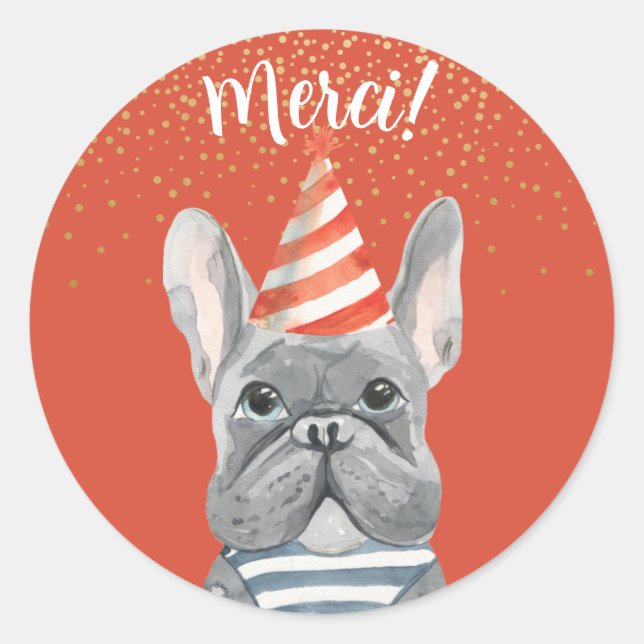 French Bulldog With Party Hat Merci Classic Round Sticker (Front)