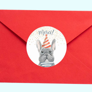 French Bulldog With Party Hat Merci Confetti Classic Round Sticker