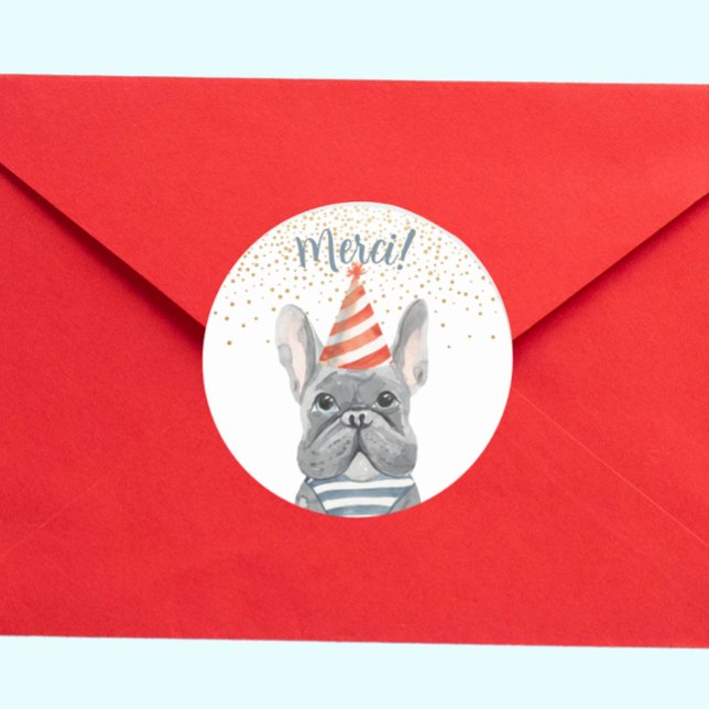French Bulldog With Party Hat Merci Confetti Classic Round Sticker (Creator Uploaded)