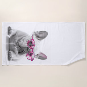 French Bulldog with pink glasses Beach Towel