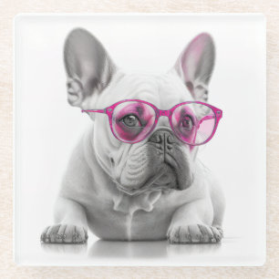 French Bulldog with pink glasses glass Coaster