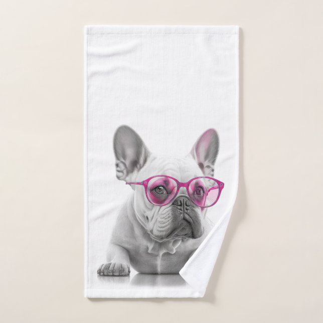 French Bulldog with pink glasses hand towel (Hand Towel)