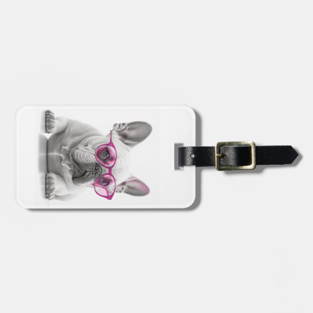 French Bulldog with pink glasses luggage tag (Front Horizontal)