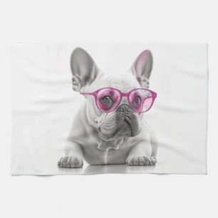 French Bulldog with pink glasses teatowel Tea Towel