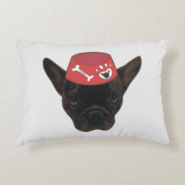 French Bulldog with Red Bowl Decorative Cushion (Front)