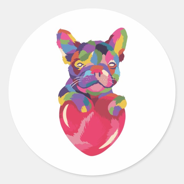 French Bulldog with red heart colourful Classic Round Sticker (Front)