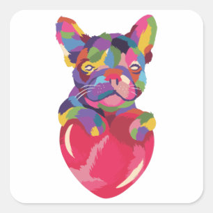 French Bulldog with red heart colourful Square Sticker