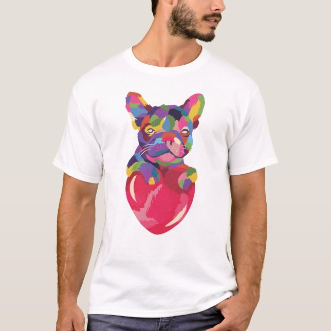 French Bulldog with red heart colourful T-Shirt (Front)