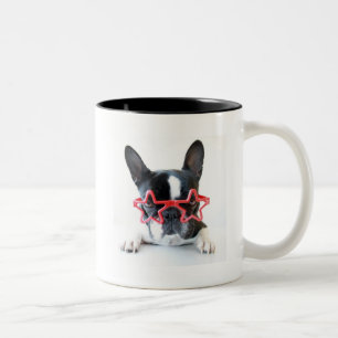 French Bulldog With Red Star Glasses Two-Tone Coffee Mug
