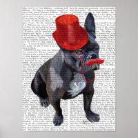 French Bulldog With Red Top Hat and Moustache